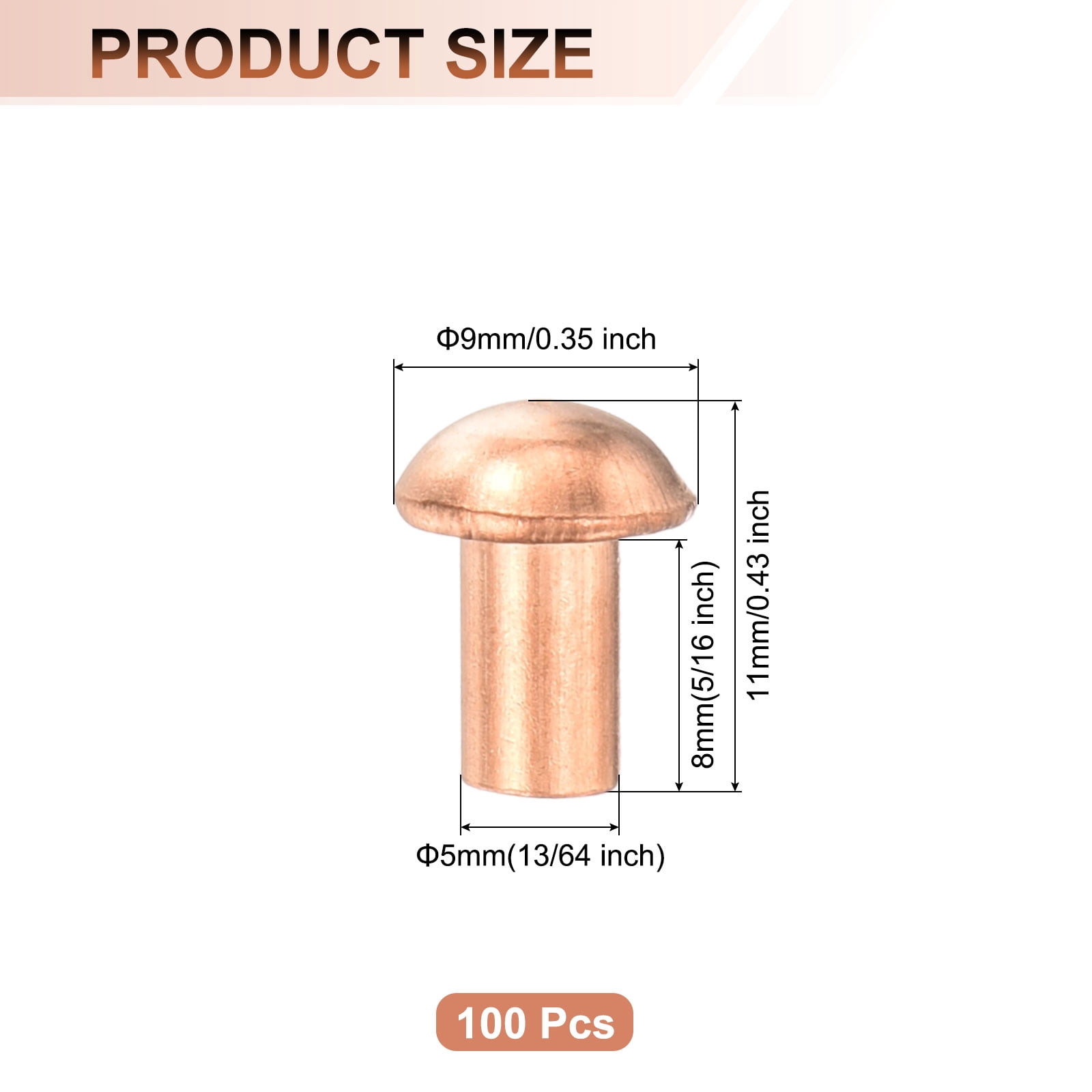 Uxcell 100 Pack 13/64" x  5/16" Round Head Copper Solid Rivets Fasteners