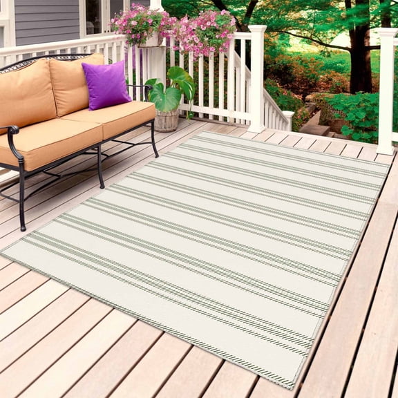 Sage Green Striped Outdoor Rug for Patio/Deck/Porch, Non-Slip Large Area Rug 5 x 8 Ft, Modern Farmhouse Green Stripes Indoor Outdoor Rugs Washable Area Rugs, Reversible Camping Rug Carpet Runner