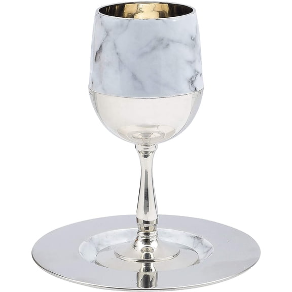Ner Mitzvah, 6" Marble and Chrome Finish Kiddush Cup and Tray Set - Judaica Gift