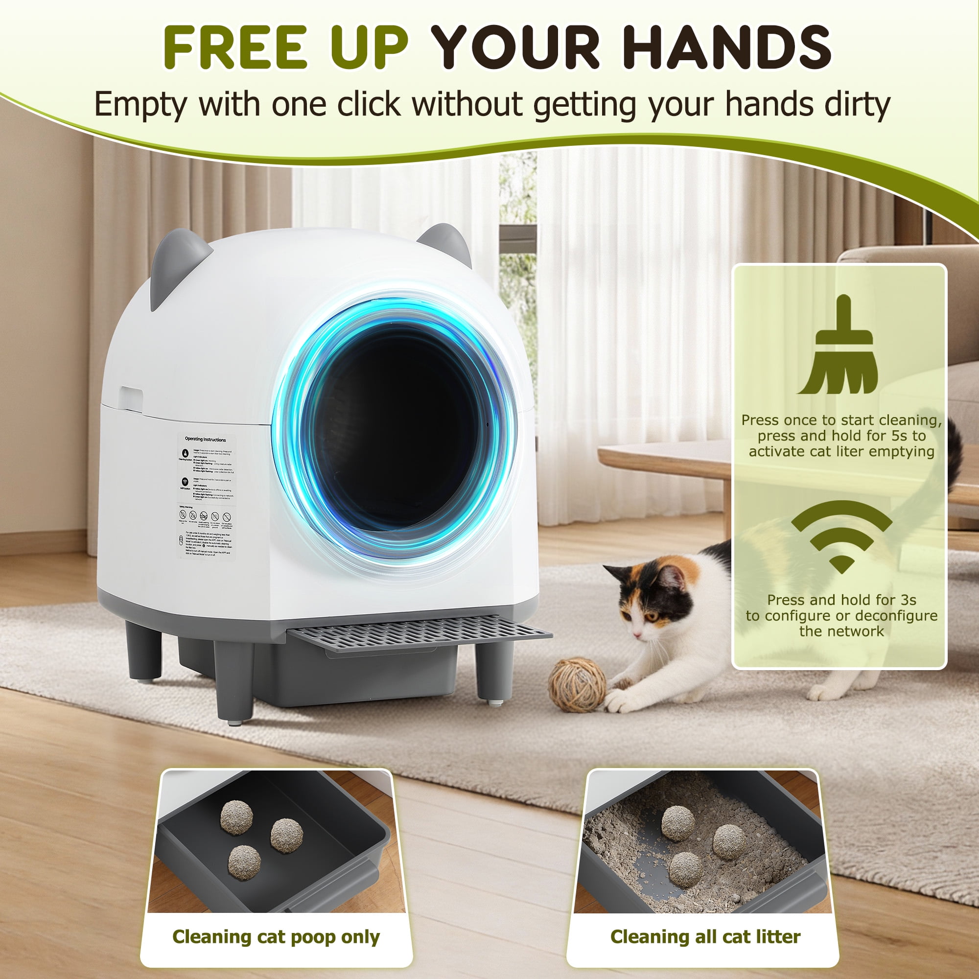 Haverchair Automatic Cat Litter Box, 80L Self Cleaning Litter Box for Multiple Cats, Odor Noise Control, App Control W/Safety Sensors and Removable Washable Liner, Included 2 Roll Garbage Bags, White