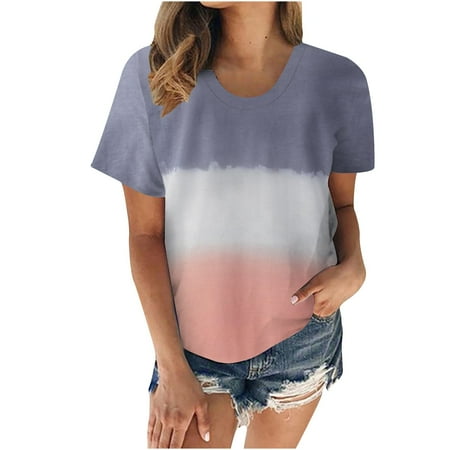 

Womens Gradient Graphic Print Shirts Trendy Crew Neck Scrub Tops Casual Short Sleeve Blouse Tee Shirt