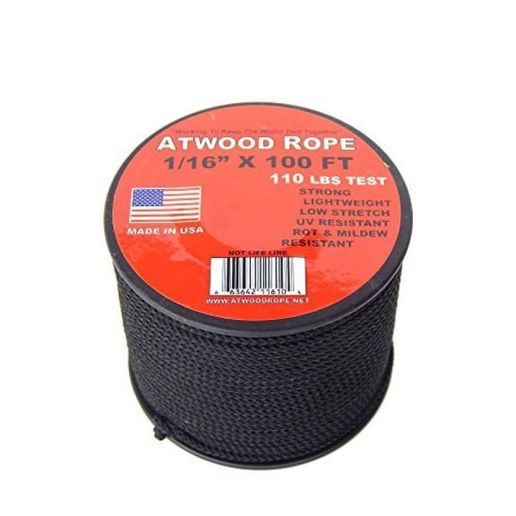 Atwood Rope 1/16 inch Microcord 100 foot spool, Mosquito Cord, 2mm paracord, Micro Parachute Cord - BLACK