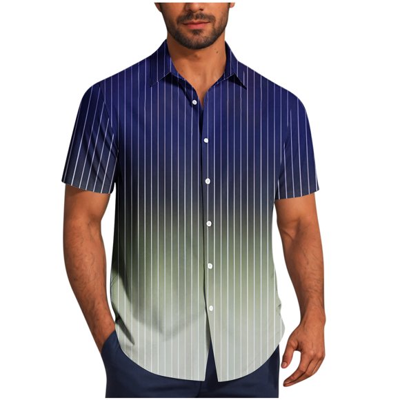hotojiny Men's Button down Shirts Summer Short Sleeve Gradient Dress Shirts Business Trendy Wrinkle Free Stripes Shirts
