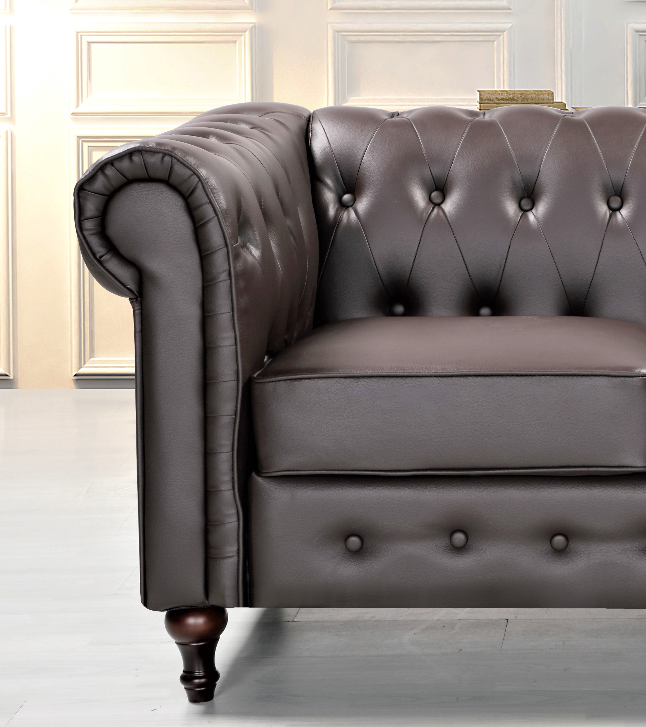 Uspridefurniture Oriskany Chesterfield Faux Leather Loveseat -Brown, Solid Wood Leg