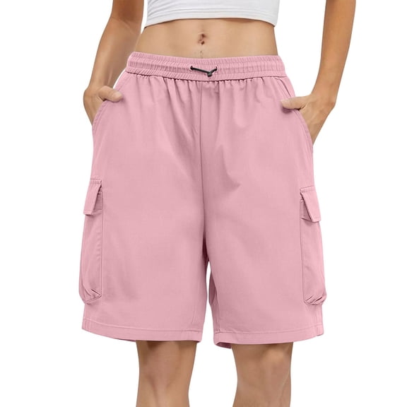 Kilaqueen Women's Cargo Bermuda Shorts with Elastic Waist and Pockets, Lightweight Long Shorts for Hiking, Travel and Casual Summer Wear