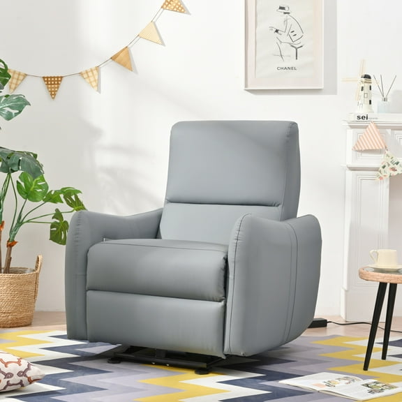 Wall Hugger Power Recliner Chair, Electric Recliner for Small Space, Living Room, Bedroom & Office Nap, PU Leather Reclining Sofa with USB Ports, Blue Gray