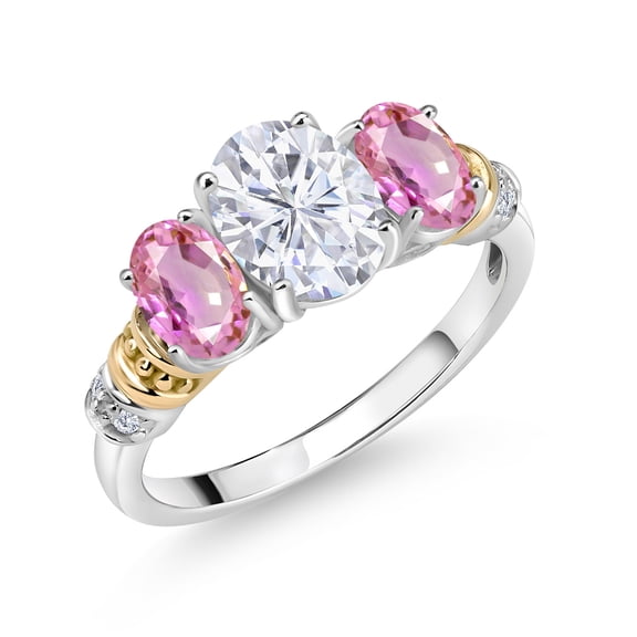 Gem Stone King 925 Sterling Silver and 10K Yellow Gold Oval White Moissanite Pink Sapphire and White Diamond 3 Stone Ring for Women (2.73 Cttw, Gemstone Birthstone, Size 8)