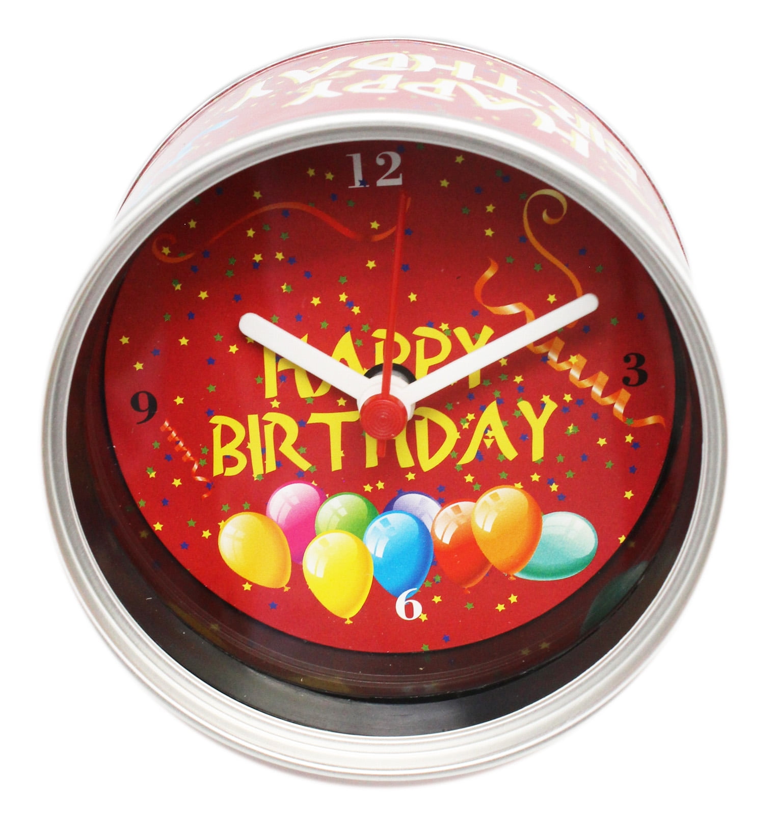 Confetti and Balloons Happy Birthday Red Colored Can Clock