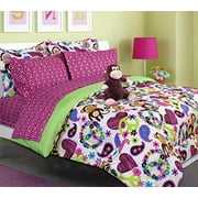 Teen Tween Girls Kids Bedding - FABIAN MONKEY Bed In A Bag. (Double) FULL SIZE Comforter set -Plush Toy Included - Peace, Hearts - Hot Pink, Turquoise Blue, Purple, Green, Black and White