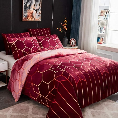 Wine Red Queen Size Duvet Cover, Pink And Gold Geometric Duvet Cover Set