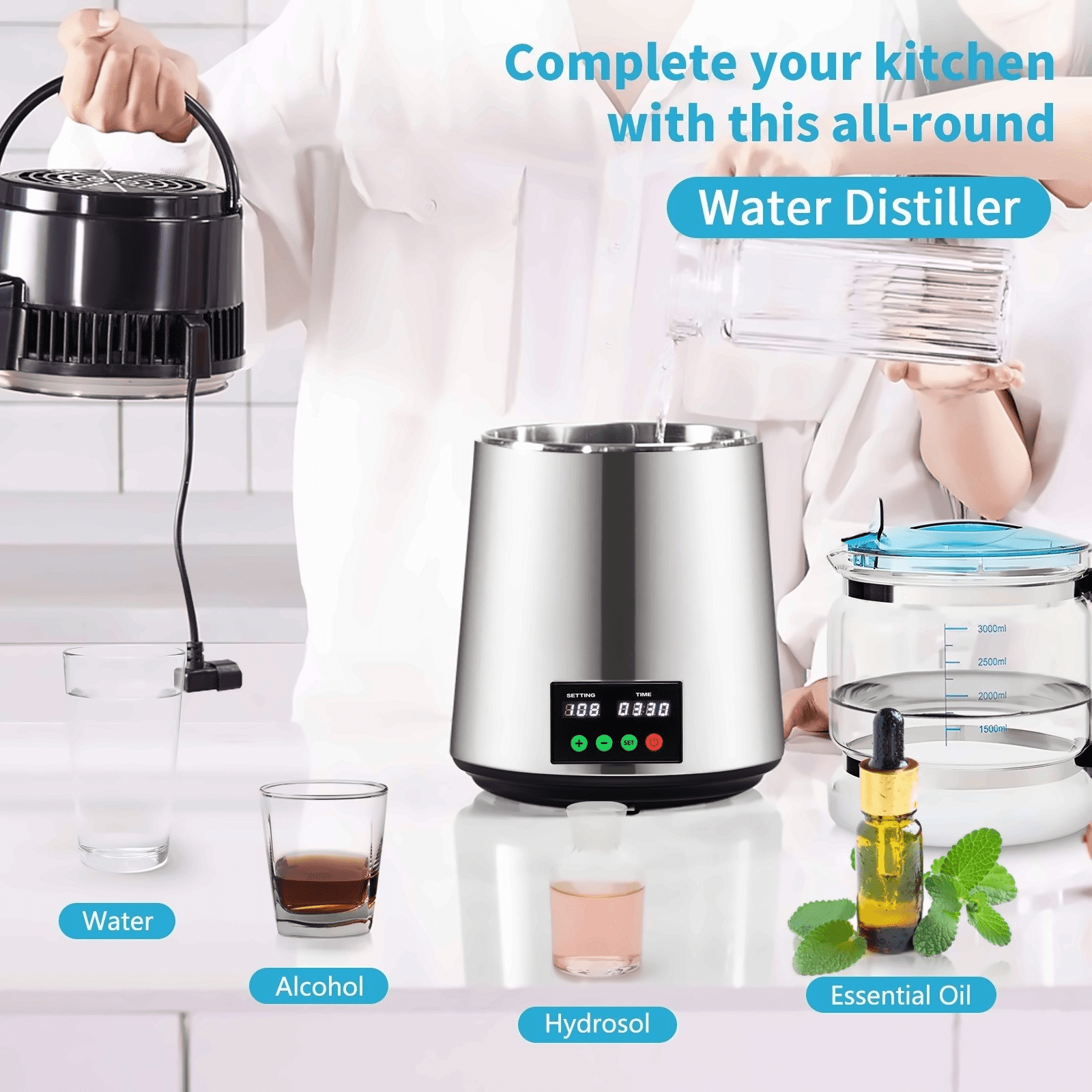 1.1 Gal Water Distiller, 750W Stainless Steel Distilled Water Machine, 0.3 Gal/H, Timing & Temp Control, Glass Carafe, for Home & Office