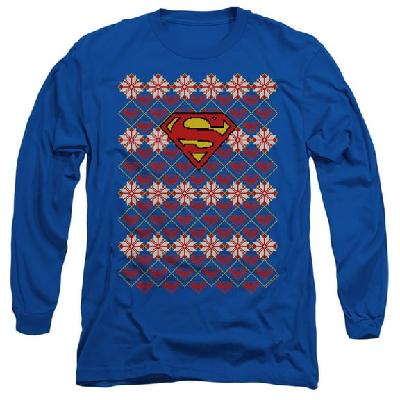 Superman Superman Christmas Sweater Long Sleeve Adult 18/1 T-Shirt Royal Blue