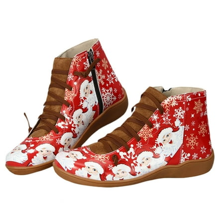 

HRSR PU Leather Ankle Boots Vintage Lace Up Women Shoes Santa Claus Printing Zipper for Christmas(Brown 42)