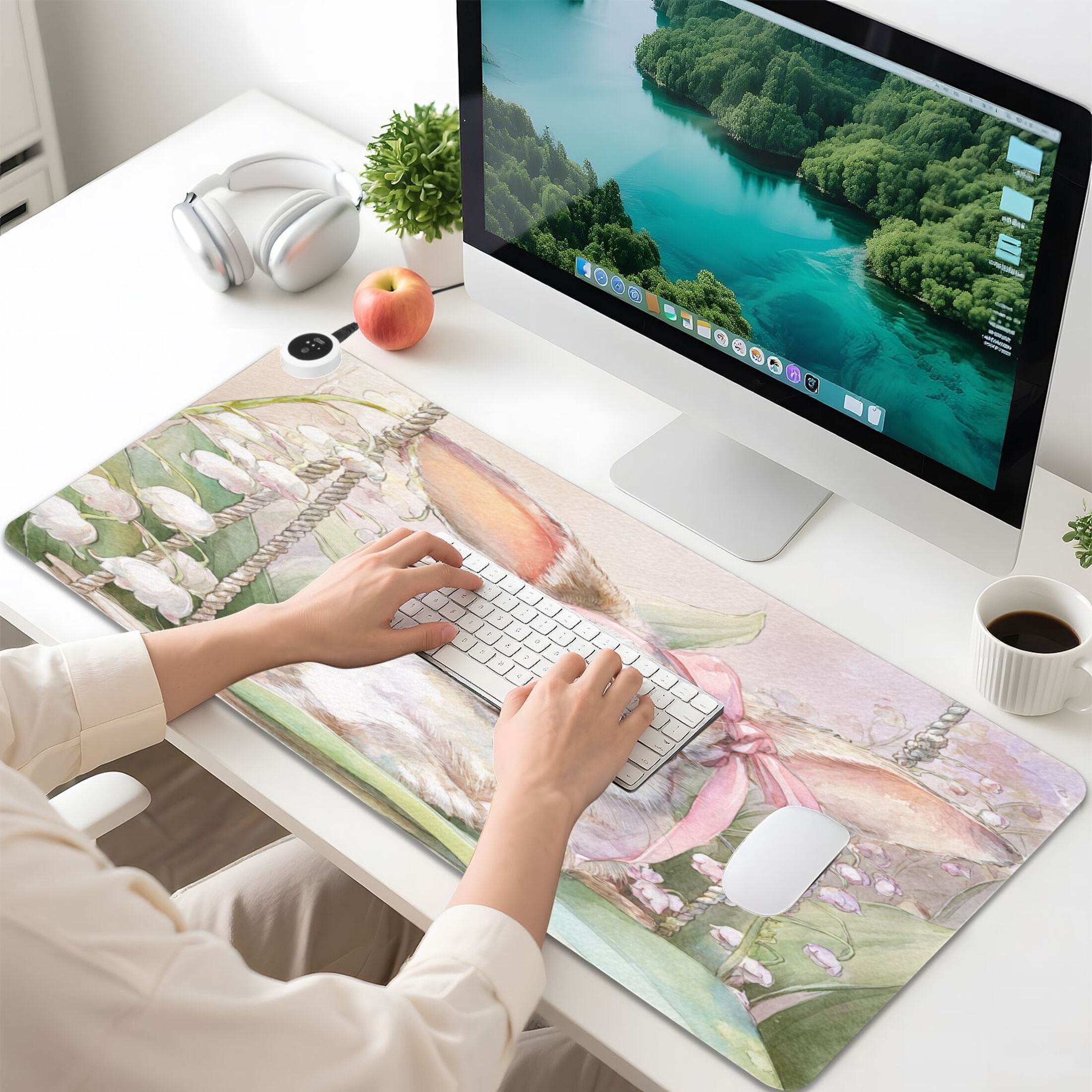 Large Heated Desk Mat Mouse Pad 31.5"x13"PU Leather Graphene Heating Desk Warmer with 3 Temperature Settings 110V US Plug Non-Slip Warm Pad for Home, Office, and Gaming Pink Bow Bunny Art