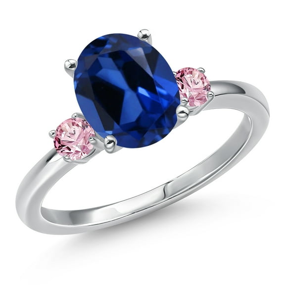 Gem Stone King 14K White Gold Blue Created Sapphire and Pink Lab Grown Diamond Engagement Ring for Women | 3.56 Cttw | Oval 10X8MM | Gemstone September Birthstone | Size 6