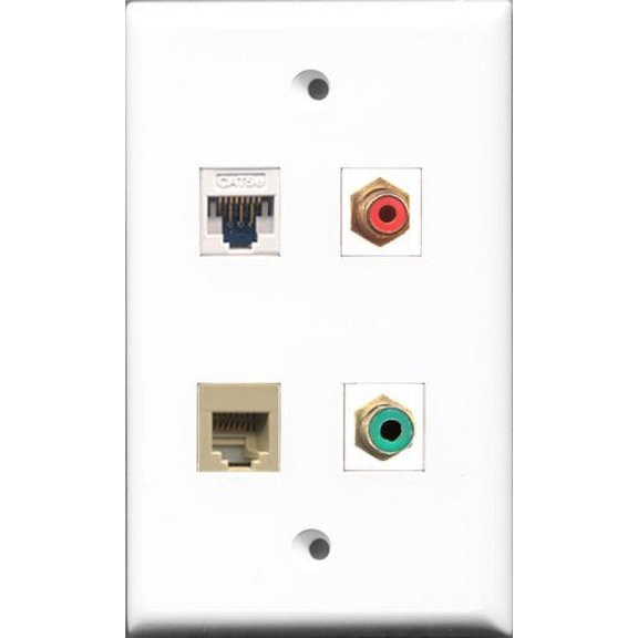 RiteAV 1 Port RCA Red and 1 Port RCA Green and 1 Port Phone RJ11 RJ12 Beige and 1 Port Cat5e Ethernet White Wall Plate