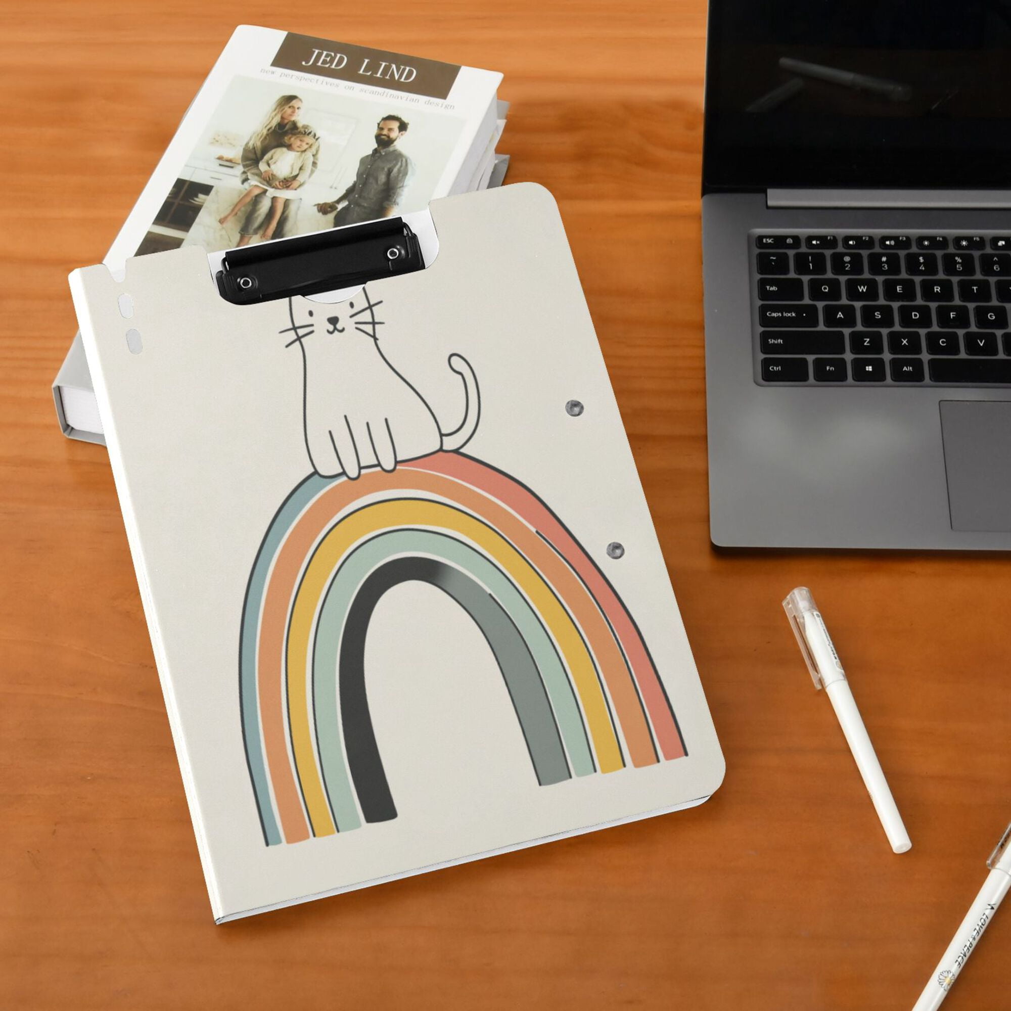 FORMRS A4 Clipboard Folder with Pen Holder Horizontal Foldable School Office Binder, White Cat Rainbow