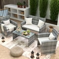 thumbnail image 2 of Poteban Wide Armrest Outdoor Patio Furniture Set,4 Pieces Rattan Sectional Sofa with Tempered Glass Coffee Table and Cushions for Family Gatherings,Balcony Porch Garden(Grey/Cream), 2 of 7