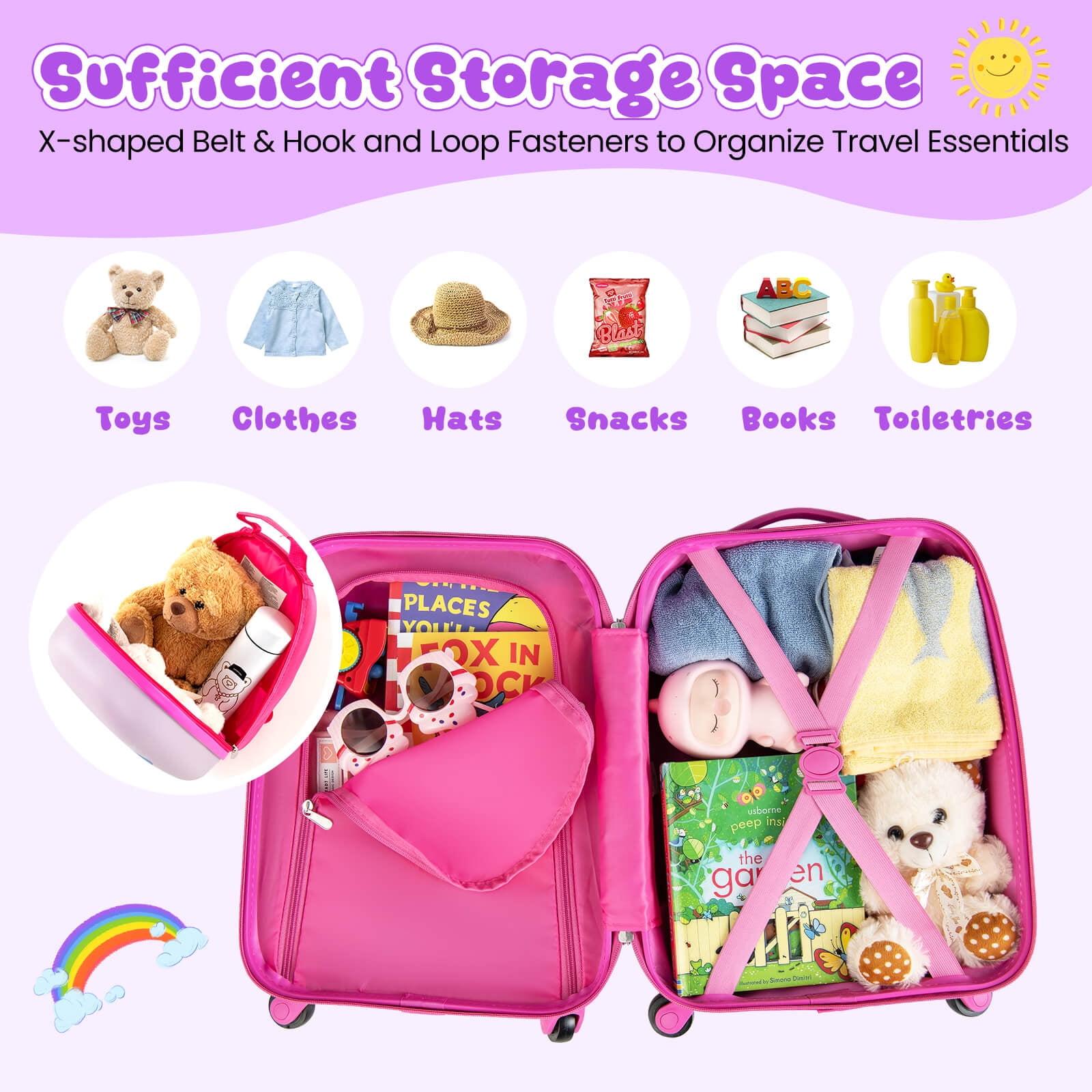 Costway 2PC Kids Carry On Luggage Set 12" Backpack and 16" Rolling Suitcase for Travel Pink + Blue