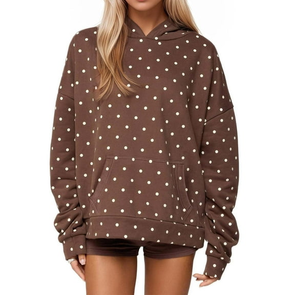 JGGSPWM Women Polka Dot Hoodie Oversized Fleece Hooded Sweatshirt Long Sleeve Drop Shoulder Graphic Print Hoodies with Pocket Brown XXL