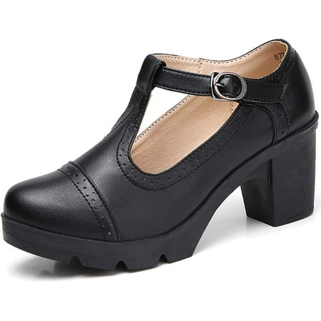 

Women s Classic T-Strap Platform Mid-Heel Square Toe Oxfords Dress Shoes