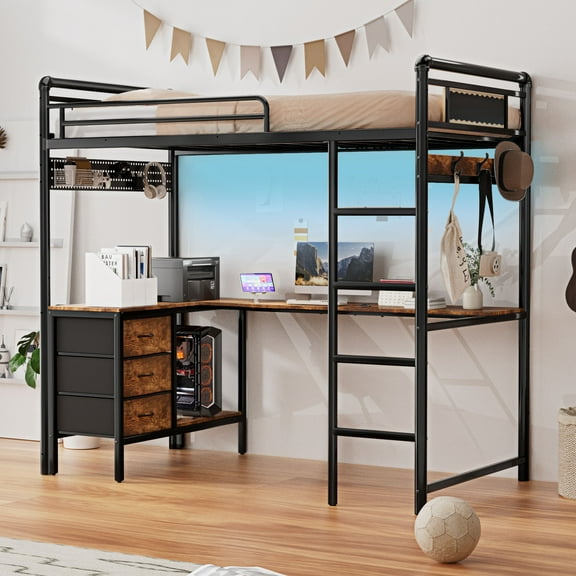 VNT Rustic Loft Bed Twin Size with L-Shaped Desk, 3 Storage Drawers, Industrial Metal Loft Bed with LED & Charging Station, Bed Frame with Safety Guardrail & Ladders