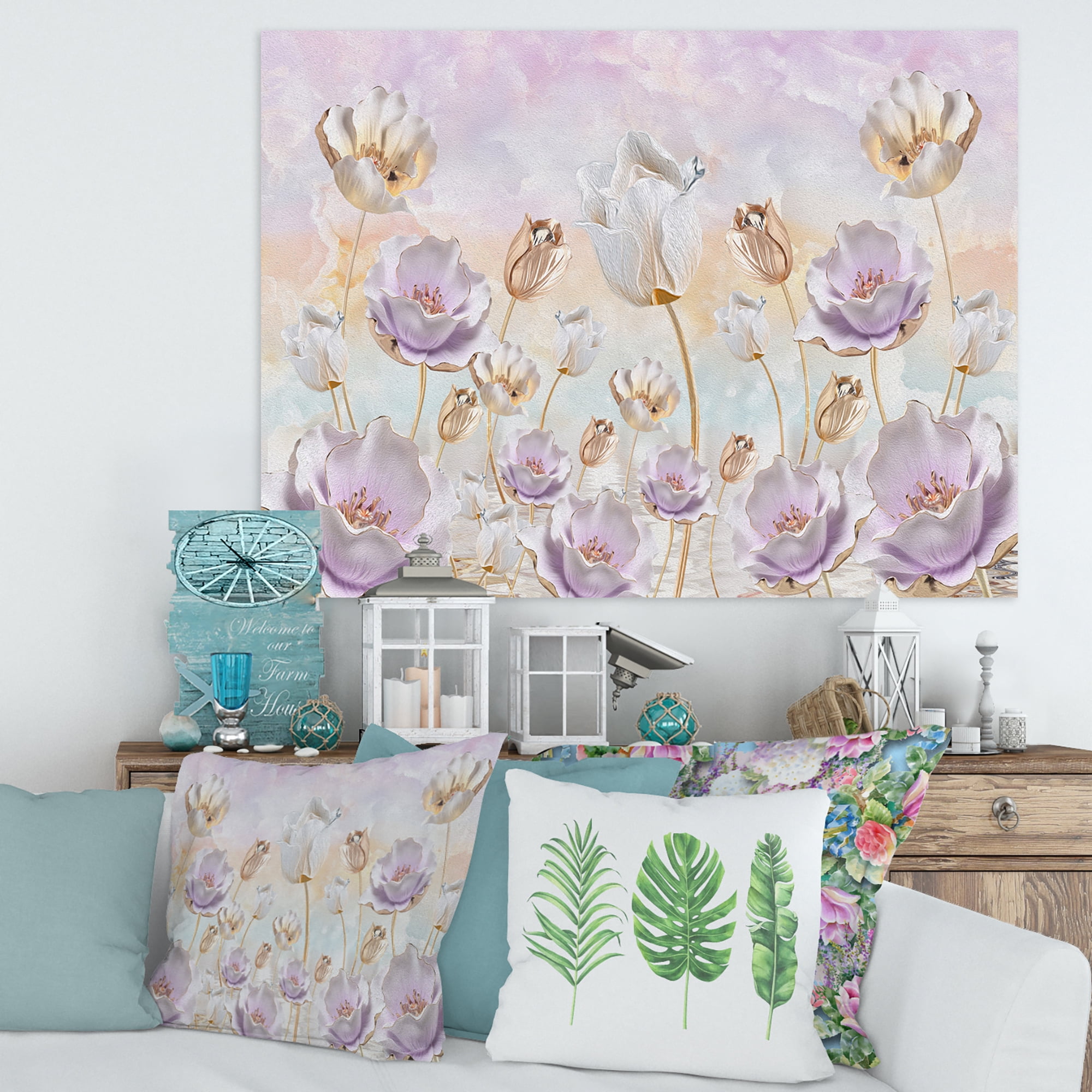 Blossoming Pastel Tones Flowers 8 in x 12 in Painting Canvas Art Print, by Designart