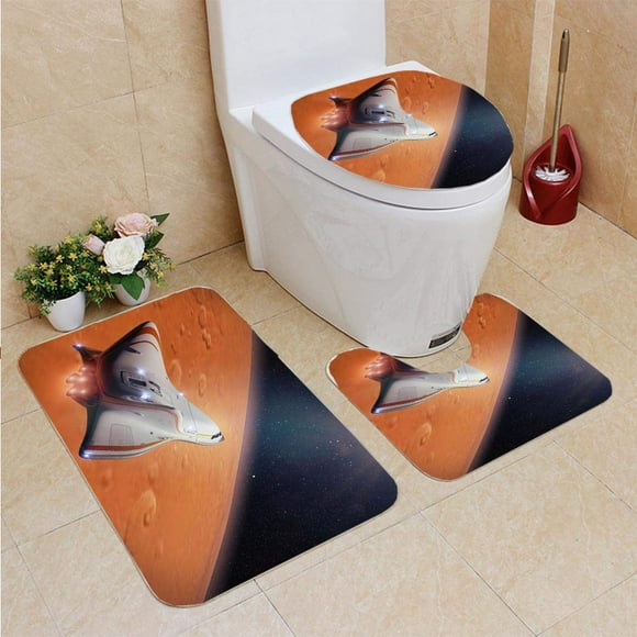 JSDART Futuristic Spaceship in Orbit Planet Mars Shuttle Mission to Planet 3 Piece Bathroom Rugs Set Bath Rug Contour Mat and Toilet Lid Cover