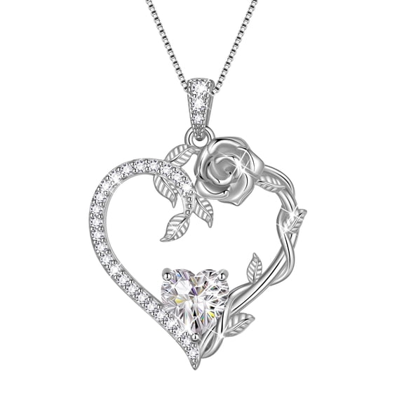 Beautlace 18K White Gold Plated Heart Rose Birthstone Necklace for Women,Crystal Pendant Jewelry Gift for Wife Mom Girlfriend,Birthday Valentine’s Day Mother’s Day Gift
