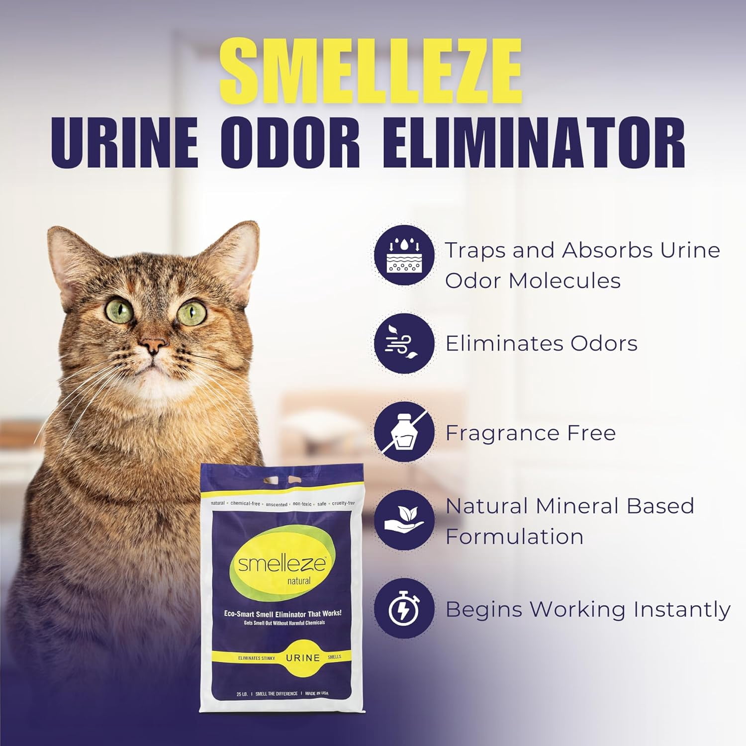 SMELLEZE Natural Urine Smell Deodorizer Granules: 25 lb. Bag Sprinkle 2-6 Tablespoons/Sq. Ft.