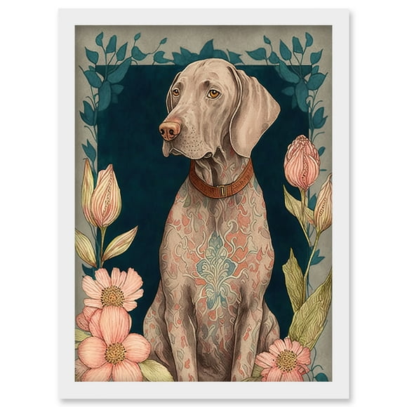 Grey Weimaraner Dog with Ornate Pattern Fur Coat and Flowers Modern Art Nouveau Illustration Artwork Framed Wall Art Print A4