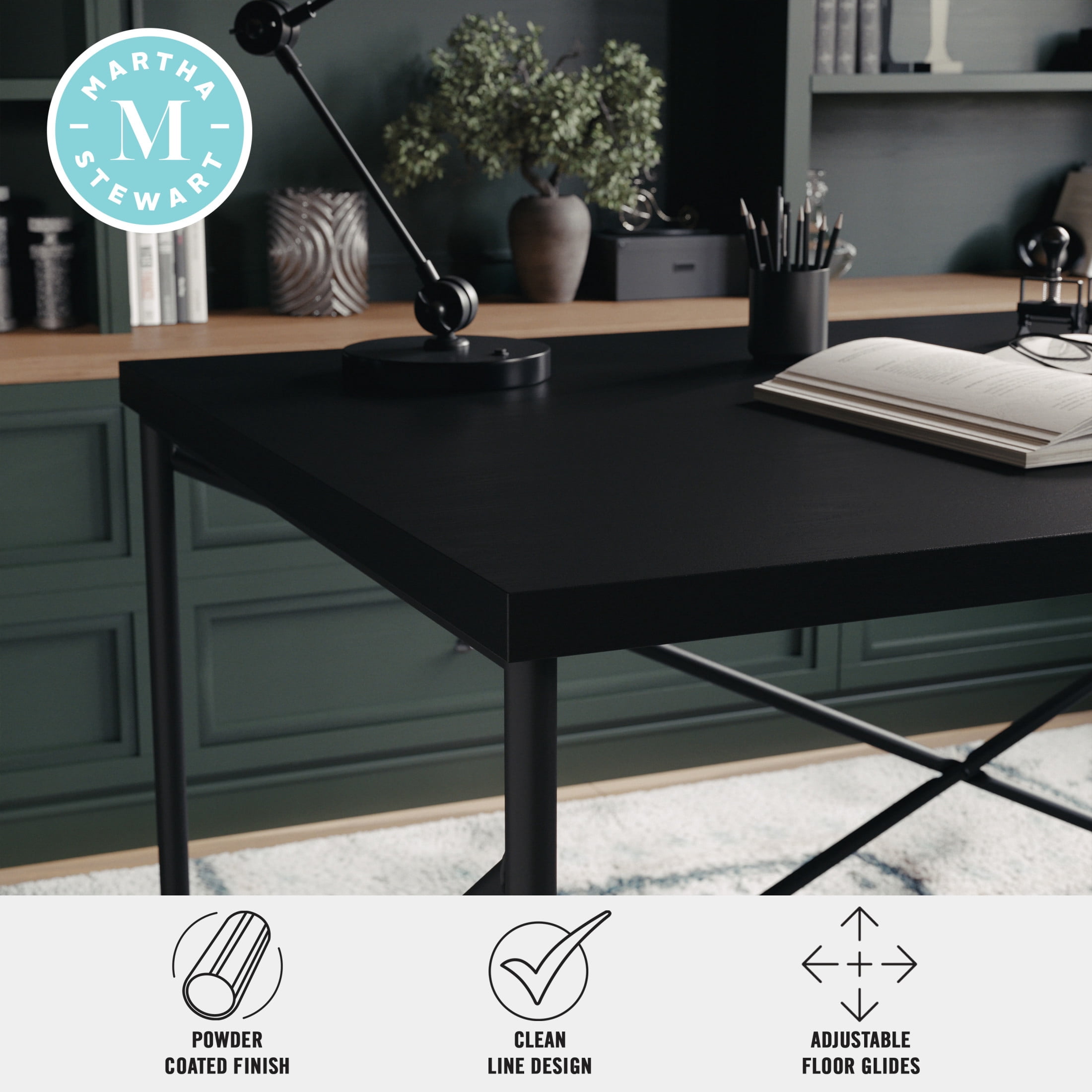 Martha Stewart Maddox Home Office Parsons Desk in Black Wood Grain with Oil Rubbed Bronze Metal X-Frame