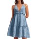 thumbnail image 2 of Vestido de playa sin espalda con escote en V profundo para mujer: cintura ajustable con lazo, bajo con volantes de malla, largo mini corto, 2 of 5
