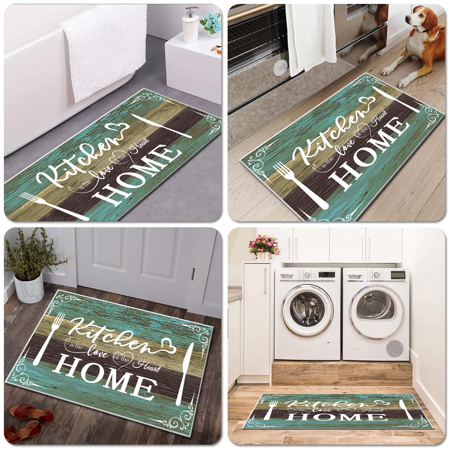 2 Pieces Rug Set, Non-Slip Mats Soft Kitchen Area Rugs, Suitable for Kitchens, Laundry Rooms, and Hallways (Teal, 20" x 32" + 20"x 48")