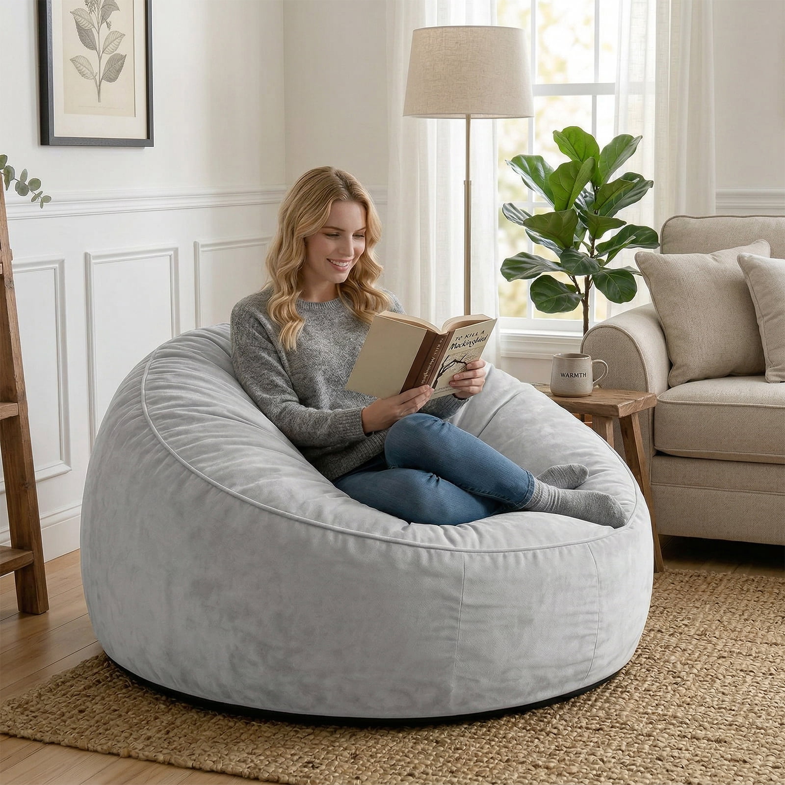 VIREO 3FT Bean Bag Chairs for Adults Memory Foam Filler Beanbag Chair with Removable and Washable Flannel Cover, Lazy Chairs for Living Room - Grey