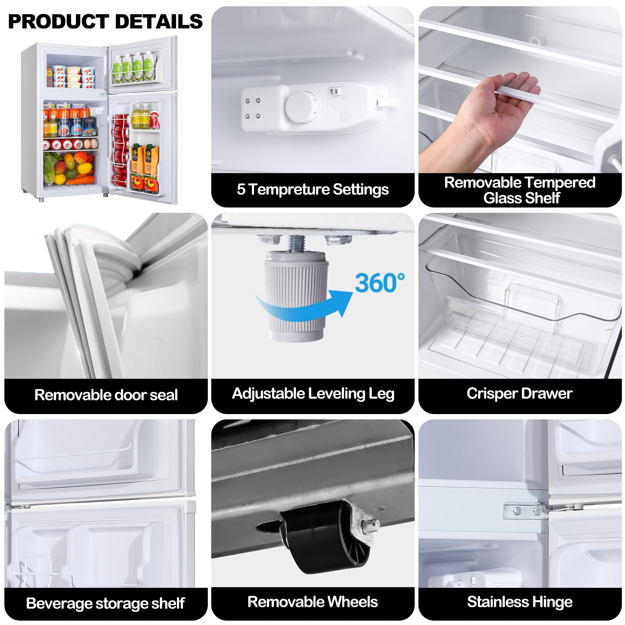 3.5Cu.ft Two Door Mini Fridge with Freezer,7 Adjustable Thermostat,17.9*17.5*34.7 inches,Apartment Size Refrigerator,White,New