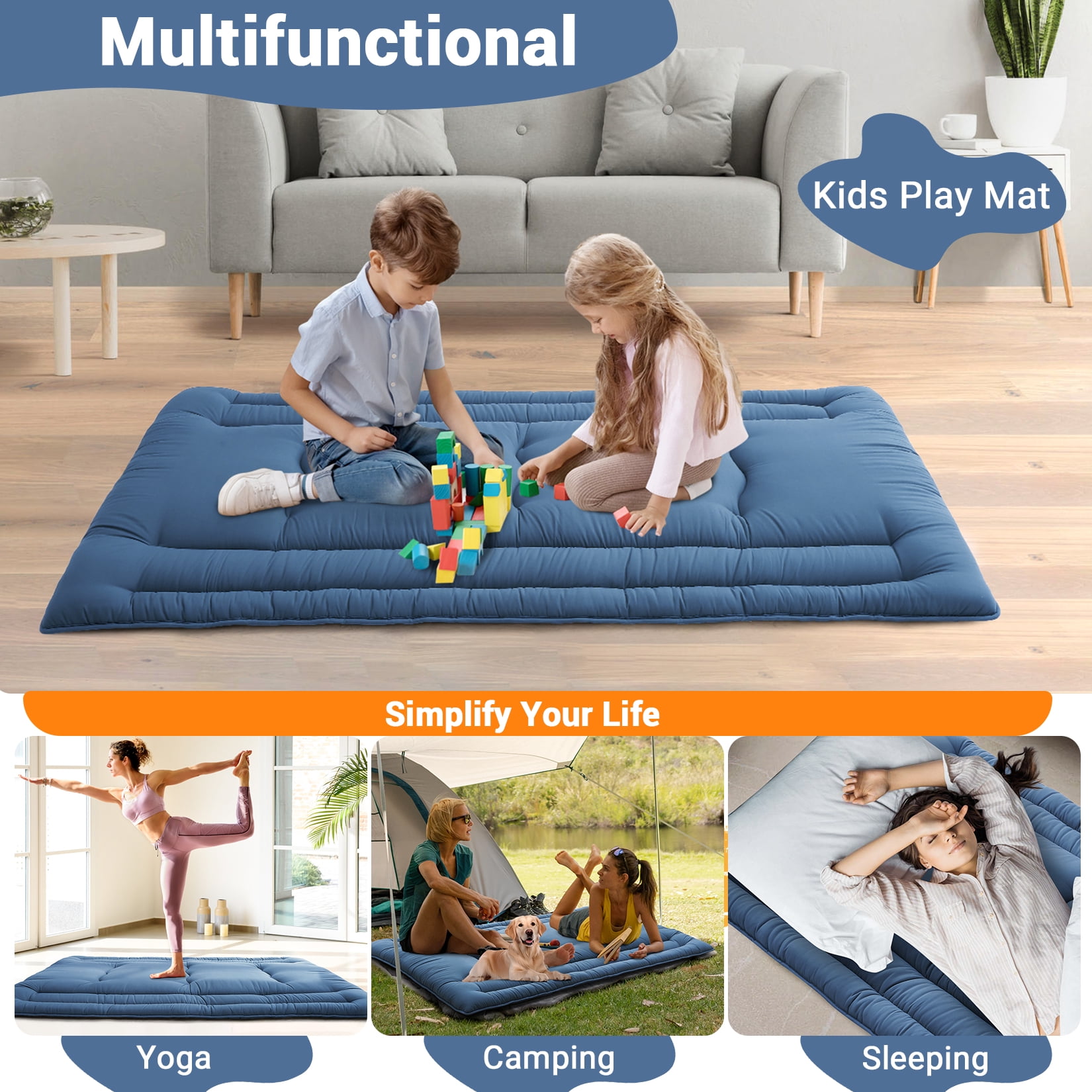 Twin Size Foldable Floor Mattress, Japanese-Style Roll-Up Foam Sleeping Mat, Space-Saving Tatami Floor Bed for Living Room or Bedroom, Navy Blue