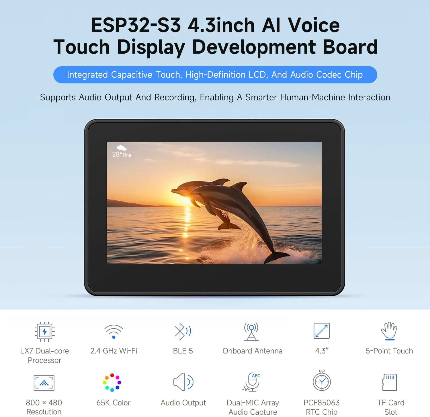 ESP32-S3 4.3inch AI Voice Touch Display Development Board, 800 × 480 Resolution, 5-Point Touch, Dual-MIC Array, Supports 2.4GHz Wi-Fi & BLE 5