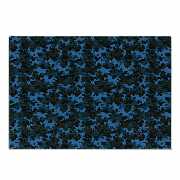Camouflage Cutting Board, Dark Toned Pattern Equipment and Hiding Uniform Attire Design, Decorative Tempered Glass Cutting and Serving Board, Small Size, Army Green Black and Blue, by Ambesonne