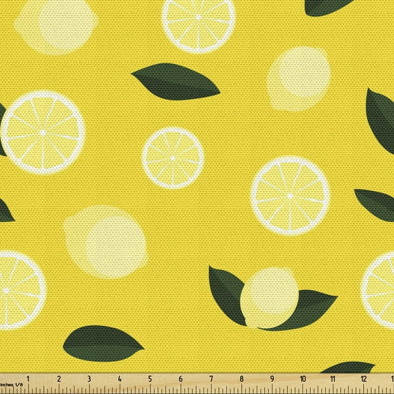 Lemons Fabric by the Yard, Fresh Citrus Fruits in Summer Tones Tropical Illustration, Decorative Upholstery Fabric for Sofas and Home Accents, Yellow Emerald by Ambesonne