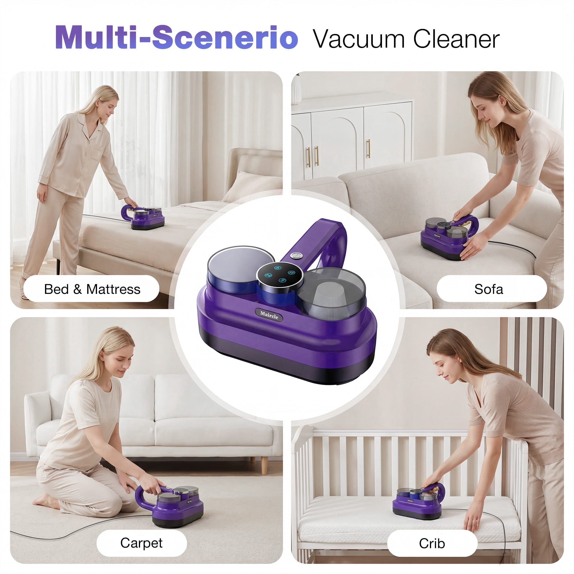 Maircle Mattress Vacuum Cleaner, Corded Bed Vacuum with 253.7nm UV-C Light, Ultrasonic & High Heating 16Kpa Powerful Double-Cup Handheld Vacuum for Bed, Sofa, Couch