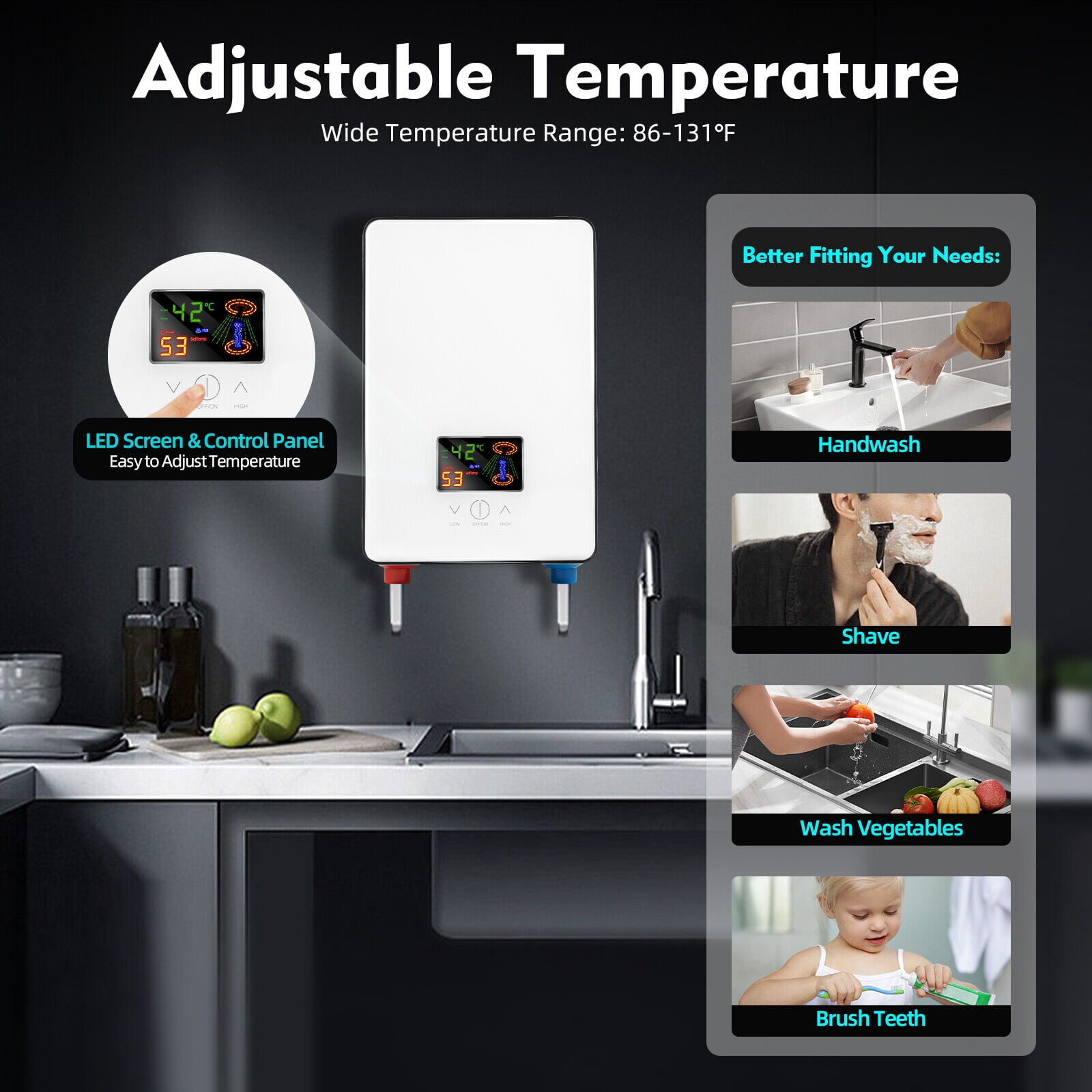 Instant Electric Tankless Hot Water Heater Bathroom Whole House Color Screen + Shower Three-Piece Set 4500W 110V White
