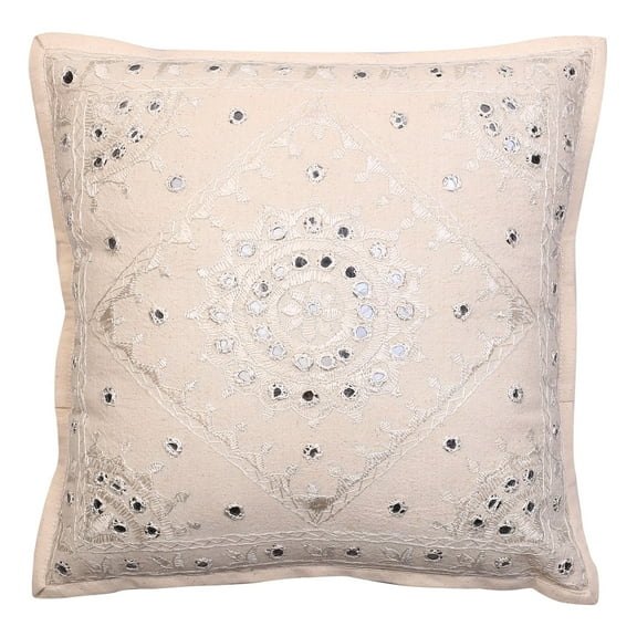 Stylo Culture Ethnic Chair Seat Throw Pillow Cover 16x16 Hand Embroidered Off White Boho 40 x 40 cm Home Decor Cotton Mirrored Square Cushion Cover | 1 Pc