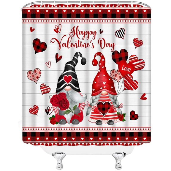 Valentine''s Day Gnomes Shower Curtain Lover Heart Sweet Romantic Red Rose Buffalo Plaid Happy Valentines Rustic Farmhouse Fabric Bathroom Curtain Set with Hooks(70" WX70 H)