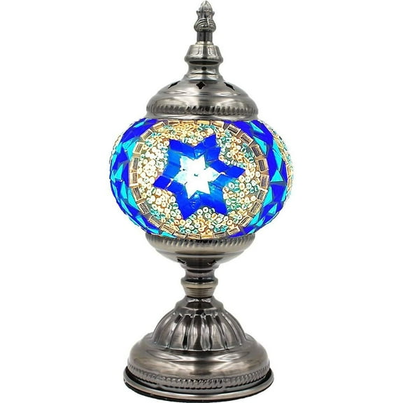 Silver Fever Handcrafted Mosaic Turkish Lamp -Moroccan Glass - Table Desk Bedside Light- Bronze Base Blue Star of David