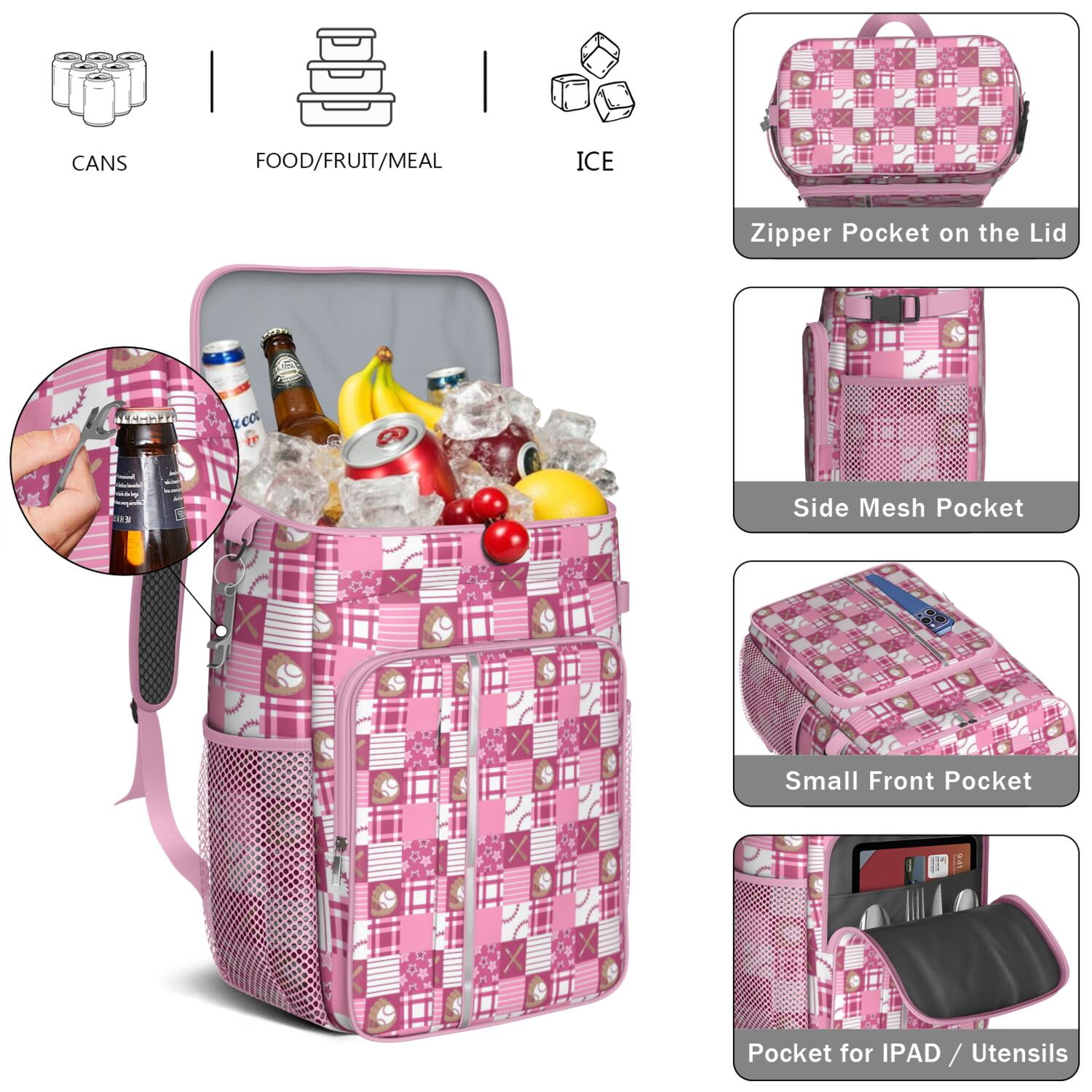 Travel Cooler Bag - Pink Plaid Baseball Pattern Camping Beer Cooler Backpack with Bottle Opener- Waterproof Insulated Picnic Backpacks - Cooler Bag for Beach