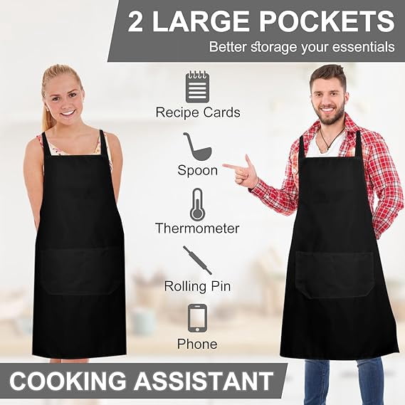 12 Pack Bib Apron,Unisex Black Plain Aprons,Aprons Bulk with 2 Pockets,Bib Aprons with Long Ties, 23 x 28 Inch