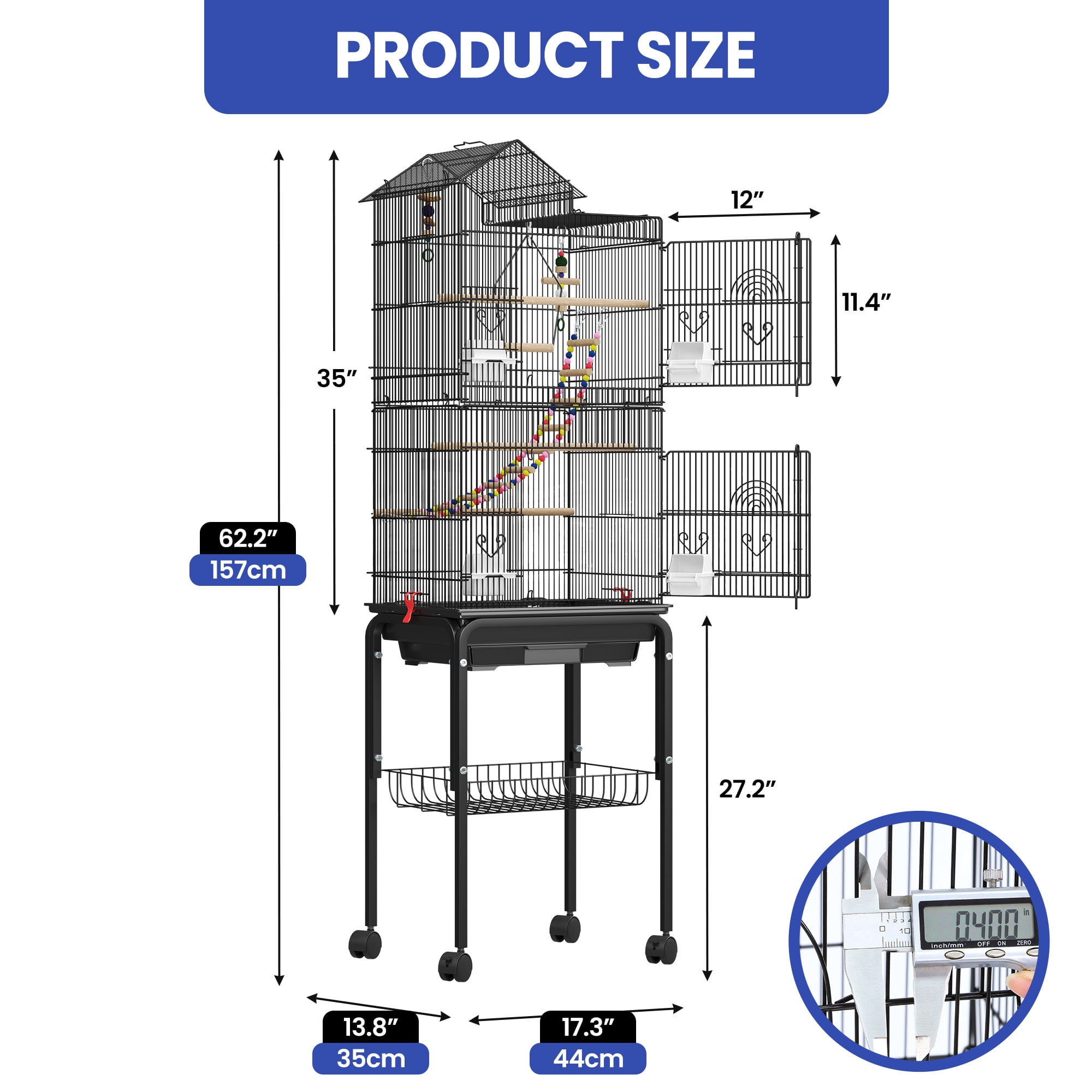 ModFusion 62" Metal Bird Cage Playtop Rolling Stand for Parakeet Lovebird Sun Conure Black