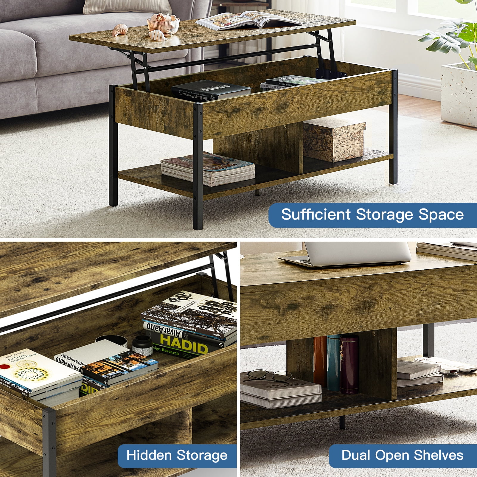 Resenkos 41" Modern Lift Top Coffee Table with Black Metal Frame Dining Center Table for Living Room Furniture
