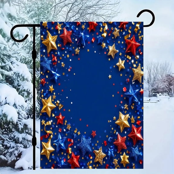 RKSupls Patriotic Linen Double Sided Garden Flag, Independence Day Themed Yard Decor, Red Blue Gold Stars Celebration Frame Outdoor Banner for Holiday Lawn